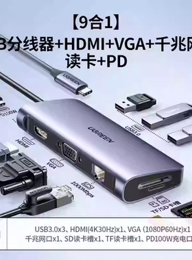 绿联80133 Type-C扩展10合1 HDMI+网卡+读卡器+音频 CM179 40873
