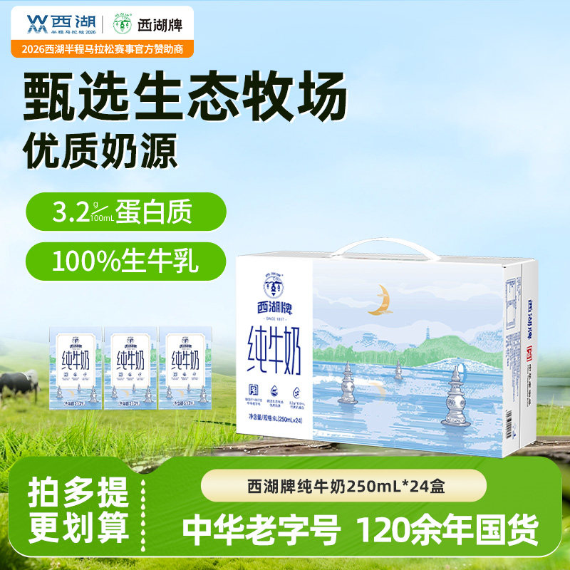 西湖牌纯牛奶常温生牛乳儿童成人蛋白营养早餐奶250mL*24盒整箱