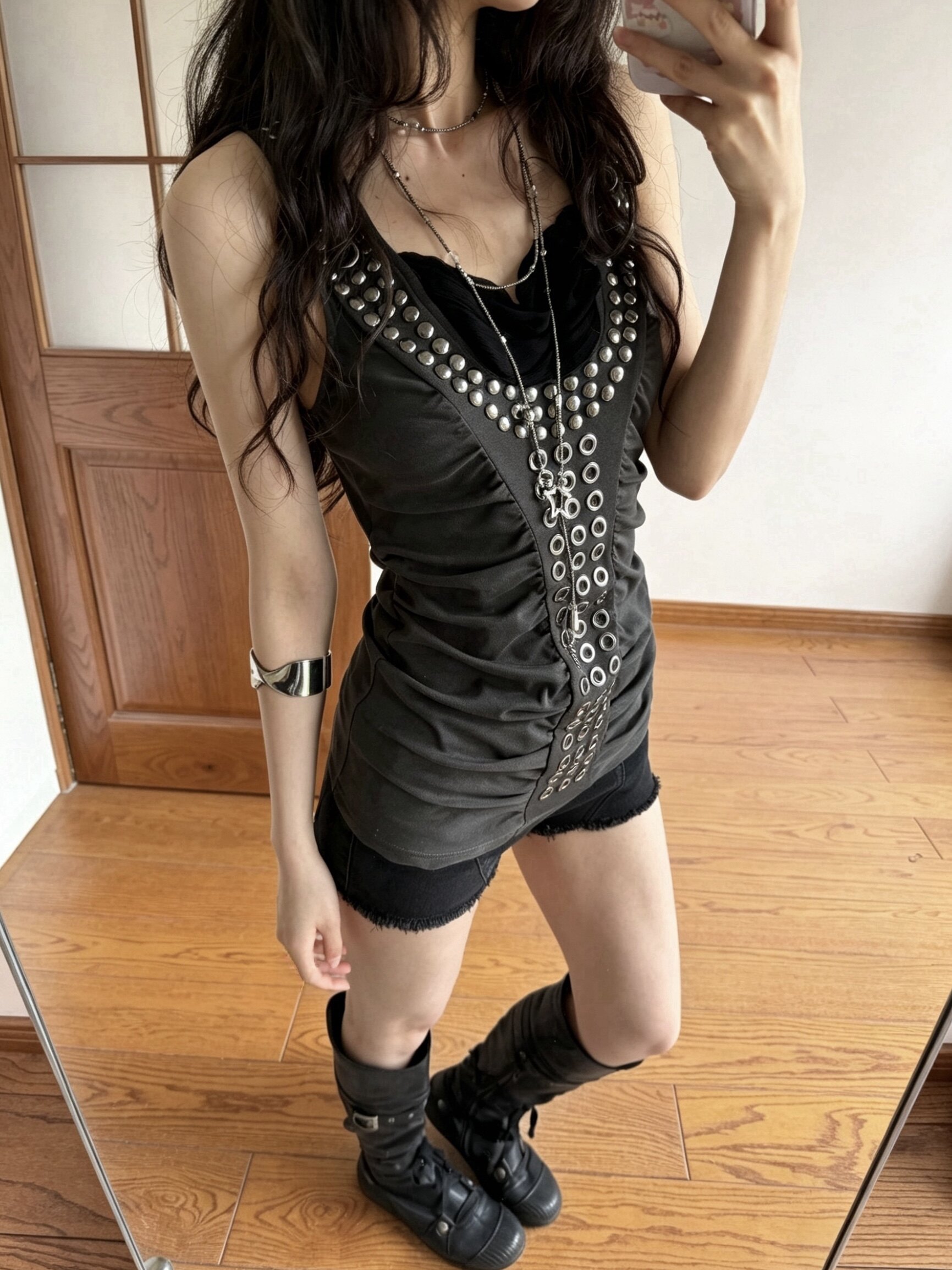 thumbnail for American metal willow nail grab pleated collar hooded I-line vest women's summer new niche design hot girl style suspender