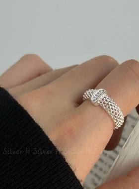 s925纯银韩版镂空网状戒指小众个性ins风简约设计感指环百搭气质