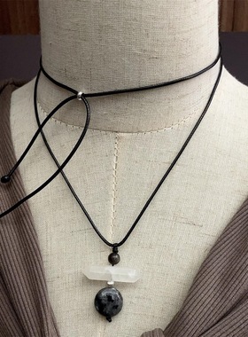 S925银天然曜石闪光石白水晶抽拉皮绳长款项链套装小众设计简约高