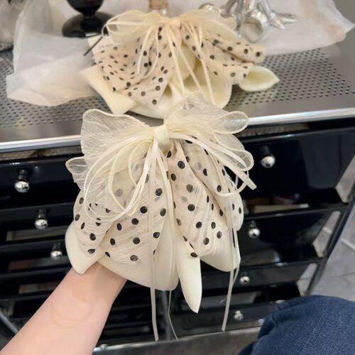 温柔米白波点蝴蝶结抓夹女气质飘带韩系鲨鱼夹后脑勺半扎发盘发夹
