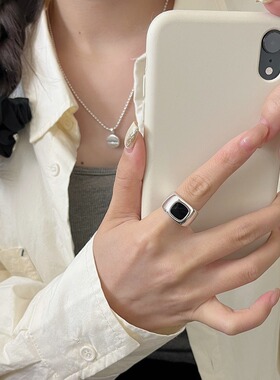 925纯银设计感宽边方形包黑玛瑙戒指个性小众指环简约百搭气质潮