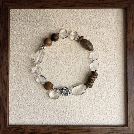 S925纯银天然沉香木檀木奥地利k9白水晶手链小众中式美学质感十足