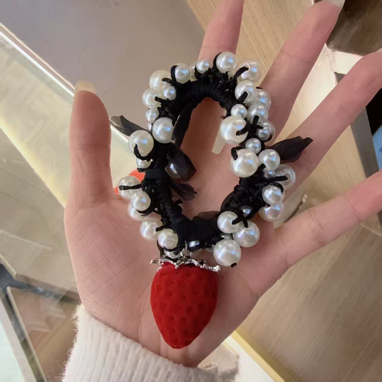 韩版超仙精致新款草莓蕾丝发绳可爱女珍珠头绳发圈编织发圈配饰潮
