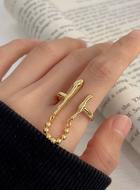 S925银韩版东大门ins风不对称圆珠链条开口戒指时尚潮流指环百搭