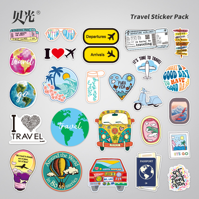 25枚旅行系列贴纸TRAVEL飞机汽车热气球头盔滑板吉它电脑水杯贴画