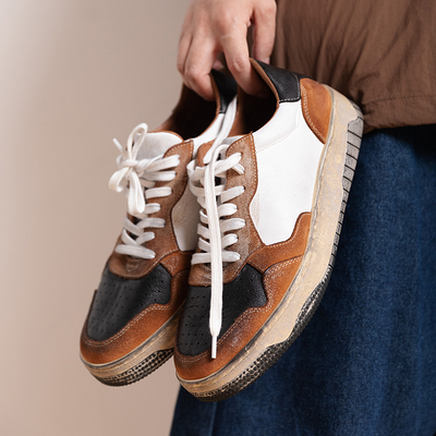 国潮脏脏复古休闲板鞋情侣款拼色缝线头层牛皮厚底熊猫鞋增高