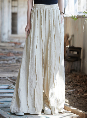 苎麻阔腿裤女2025年新款原创棉麻女装炒色磨毛长裤子宽腿裤直筒裤