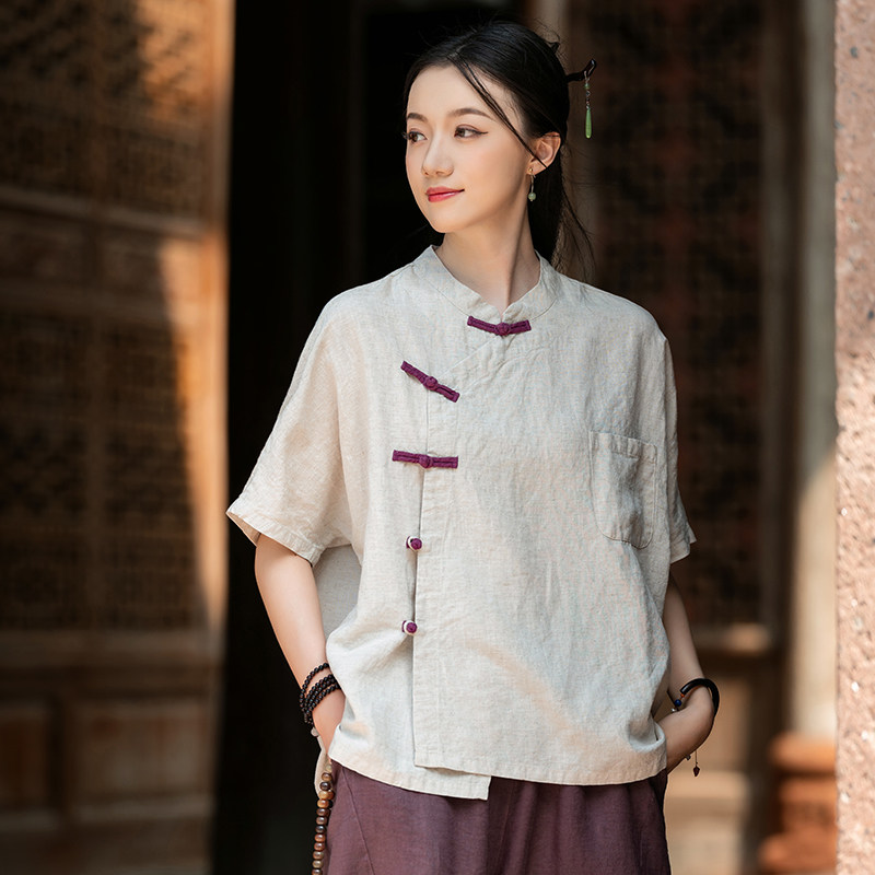 新中式斜襟盘扣T恤上衣女夏季新款禅意居士服偏襟棉麻素衣茶服
