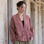 苎麻扎染做旧上衣女春秋新款 短外套 开衫 棉麻女装 禅意复古蝙蝠袖