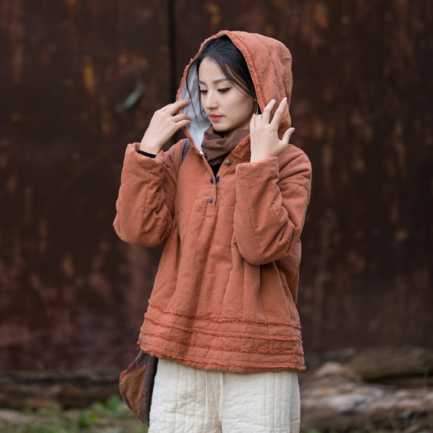 棉麻夹棉保暖上衣女竖格磨毛棉衣