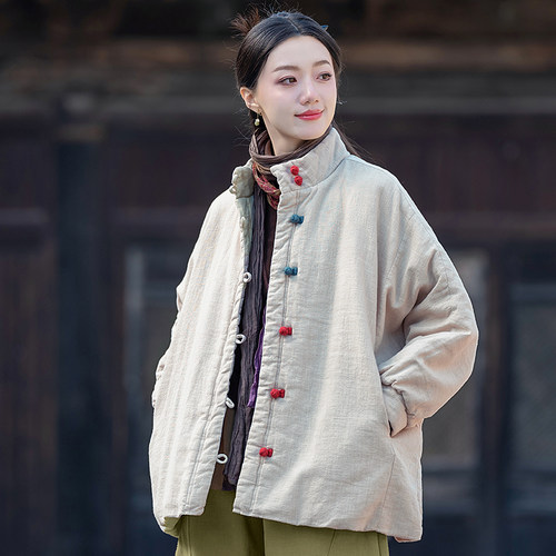 棉麻夹棉加厚外套女中式棉服