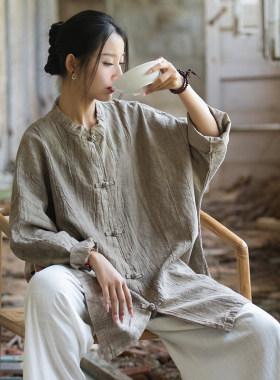 苎麻扎染清冷感盘扣开衫棉麻上衣