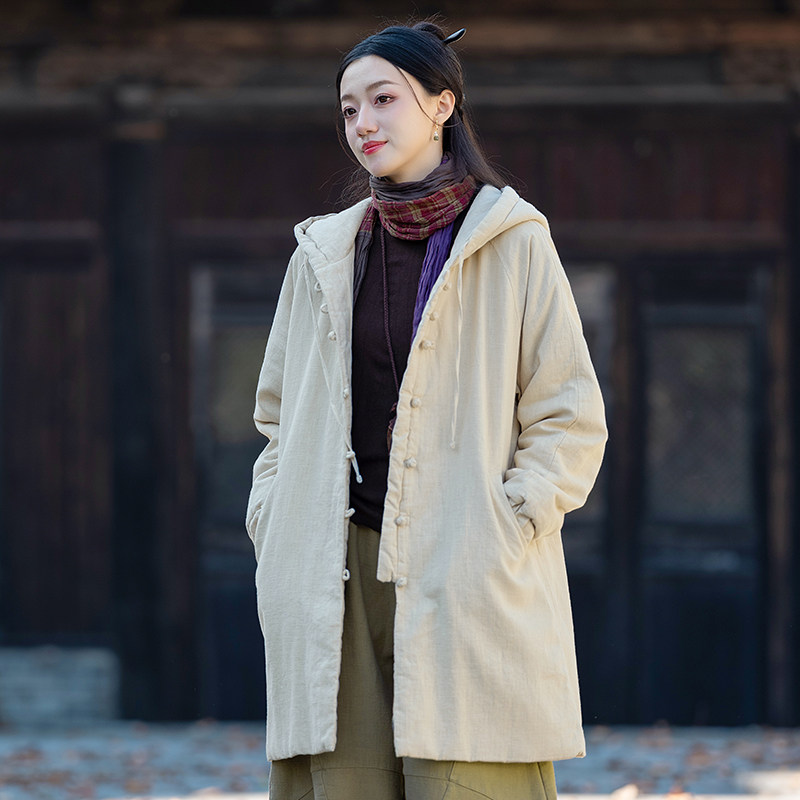 棉服外套中长款复古保暖连帽棉袄