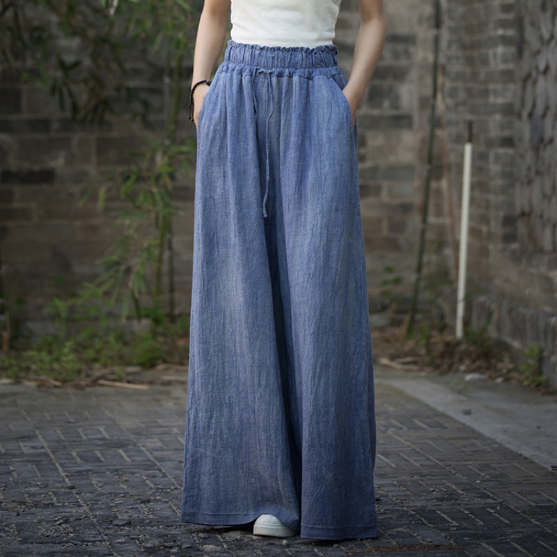 苎麻扎染阔腿裤女显瘦系带长裤子