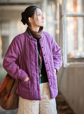 新中式棉麻夹棉上衣原创文艺范女装国风复古盘扣加厚保暖棉袄外套