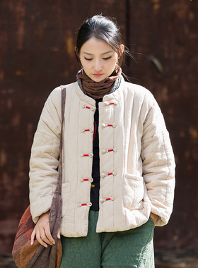 棉麻夹棉棉服女原创禅意女装国风肌理感柔软保暖棉衣复古盘扣外套