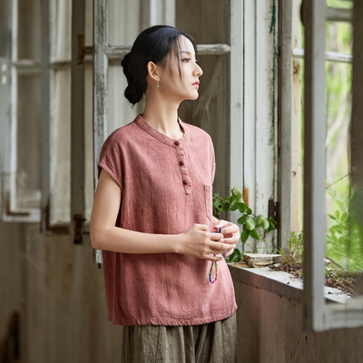 亚麻扎染短袖上衣女棉麻T恤打底