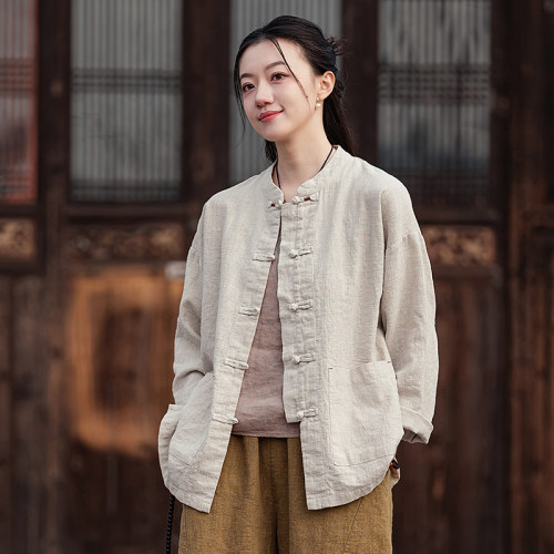 衬衣女复古中式棉麻开衫女立领