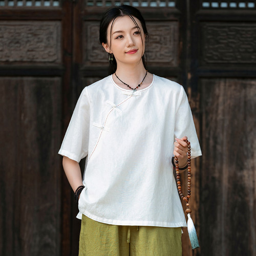 亚麻短袖上衣女宽松衬衫棉麻T恤