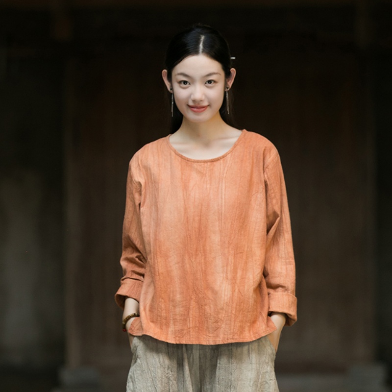 棉麻扎染T恤衫新中式长袖上衣女