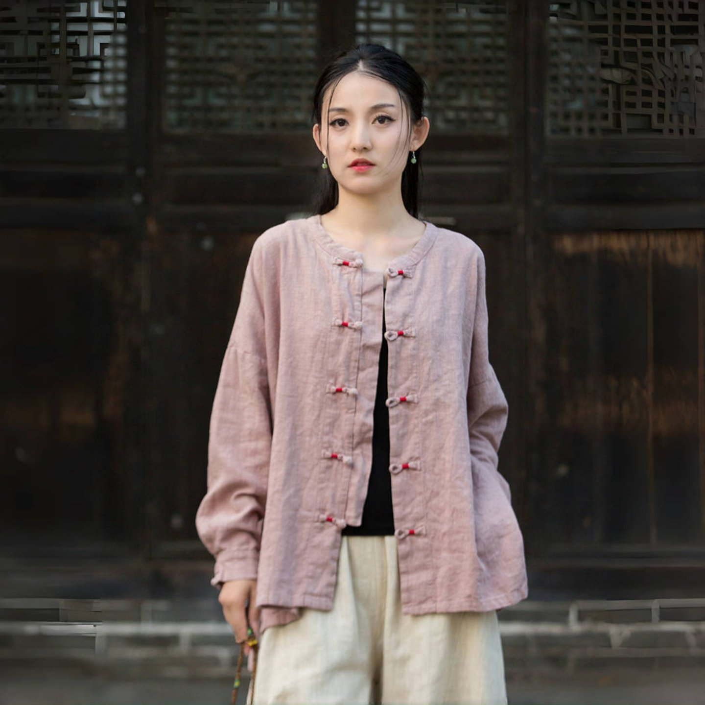棉麻盘扣开衫上衣女2026年新款原创禅意茶服苎麻长袖衬衫女士外套