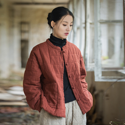 棉麻夹棉衬衫外套女中国风棉服