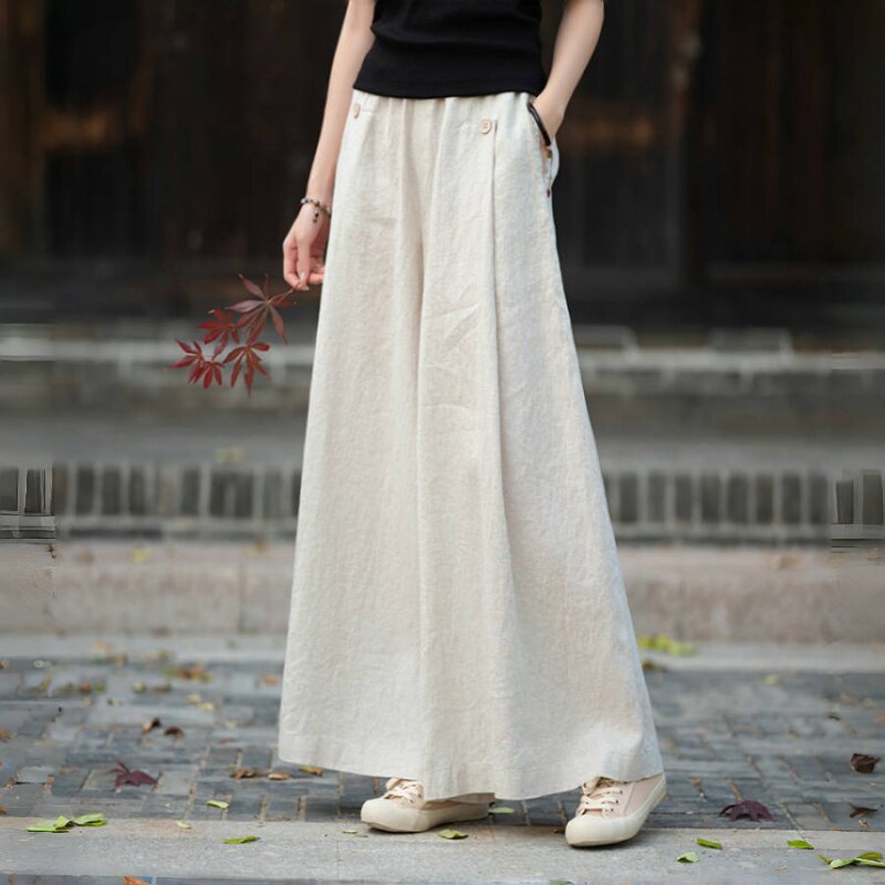亚麻阔腿裤女原创宽腿裙裤亚麻裤