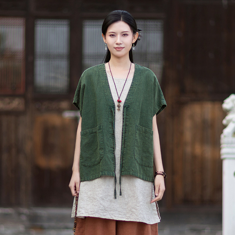 新中式棉麻包肩短袖上衣原创国风文艺复古禅意茶服苎麻V领T恤开衫