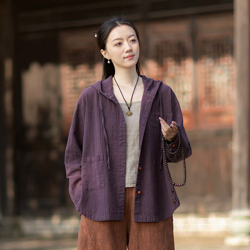 棉麻连帽撞色盘扣衬衫女苎麻上衣