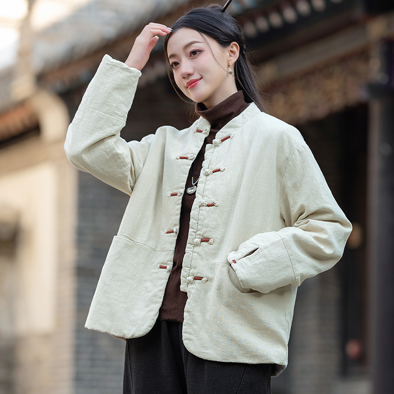 棉服女冬季2025爆款棉麻夹棉外套