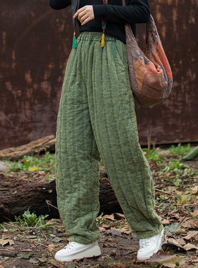 棉裤女冬季2025年新款原创绗缝做旧保暖长裤棉麻加棉灯笼裤夹棉裤