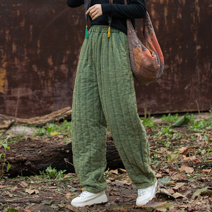 女冬季 夹棉裤 2025年新款 棉麻加棉灯笼裤 原创绗缝做旧保暖长裤 棉裤
