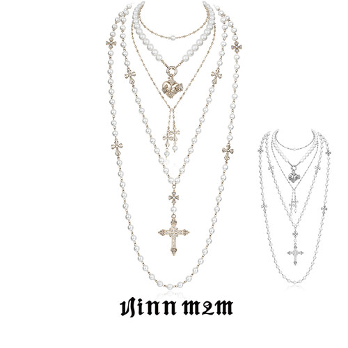 1JINN M2M 叠戴朋克爱心珍珠十字架轻奢小众长款百搭项链毛衣链