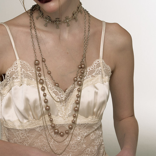 1JINN M2M叠穿双层轻奢小众巴洛克复古金长款珍珠气质毛衣链配饰