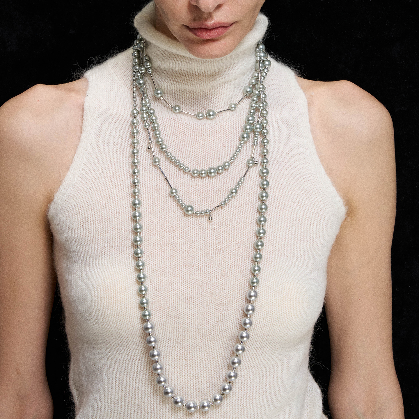 1JINN M2M 多层叠戴银色珍珠项链女组合拼接设计感气质毛衣链