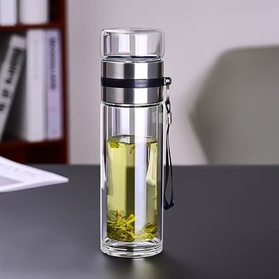 茶水分离杯双层透明商务礼品杯高硼硅隔热玻璃水杯地推小礼品