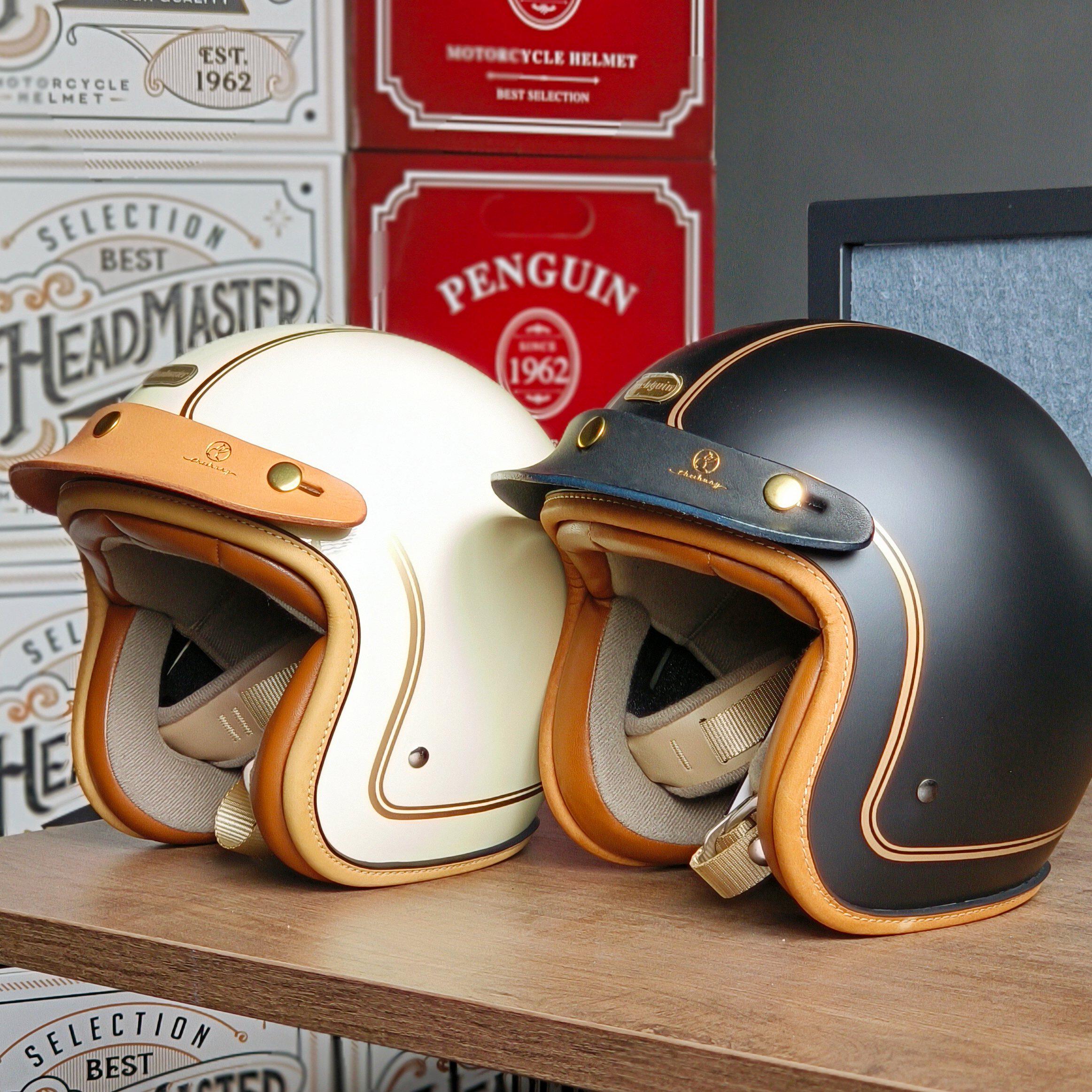 台湾penguin 头盔 麦哲伦牛皮边复古情侣半盔3/4夏小盔体踏板四季