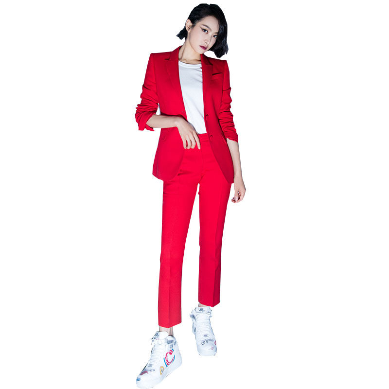 红色ol职x业套装女韩版显瘦时尚帅气西装小外套西服裤两件套新款