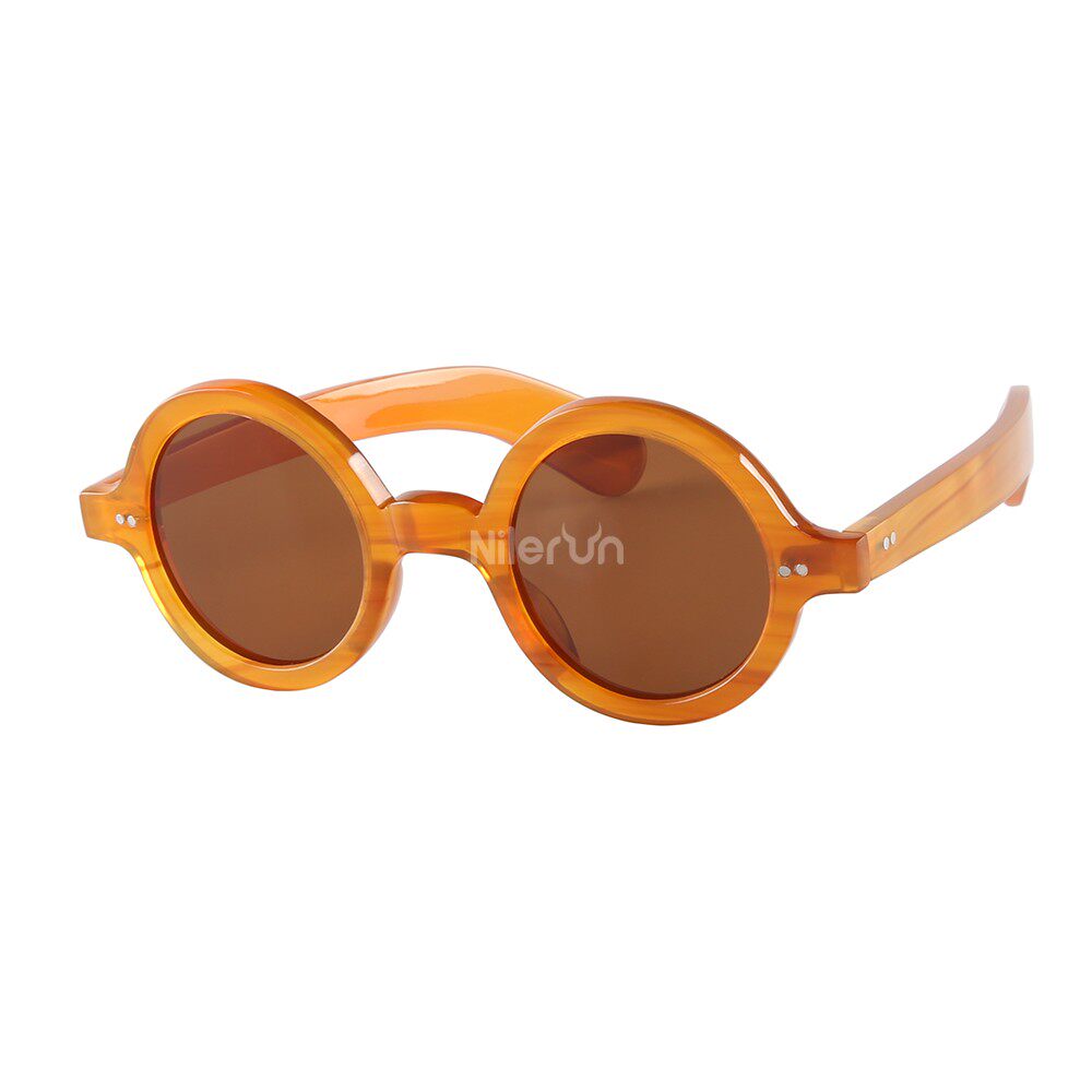 经典圆形边框铆钉透明咖啡果冻桔红色印度牛角TAC偏光太阳镜墨镜