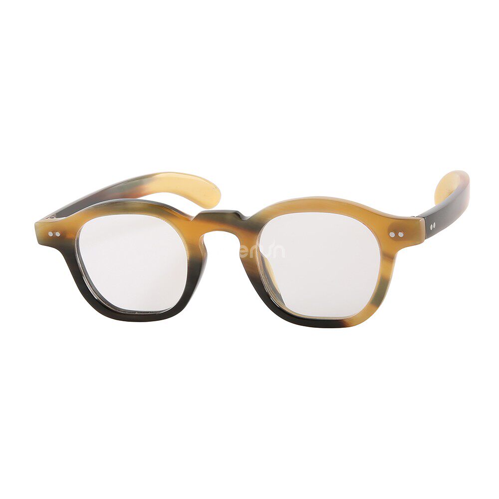 经典热销方形金属铆钉饰黑黄条纹浅色牦牛角近视光学眼镜框架