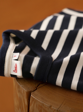 日系复古重磅300G藏青白色条纹精梳棉圆领T恤情侣款男女纯棉短袖