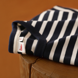 日系复古重磅300G藏青白色条纹精梳棉圆领T恤情侣款 男女纯棉短袖