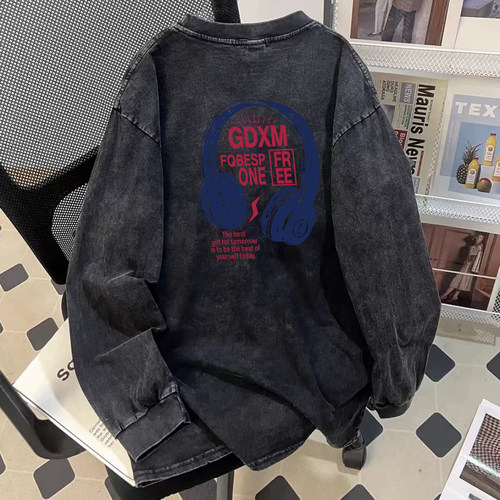 奥特莱斯~尾货清仓捡漏港风复古重磅纯棉做旧水洗长袖T恤男女上衣