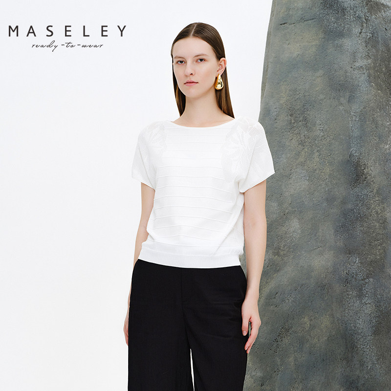Maseley/玛塞莉年夏季新款百搭简约白色套头毛衫日常针织衫女