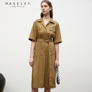 Maseley/玛塞莉复古收腰连衣裙秋季新款赠腰带通勤裙子女