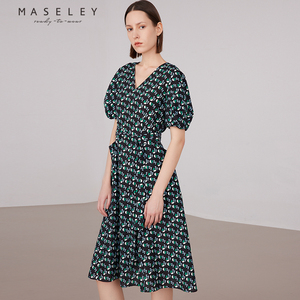 Maseley/玛塞莉A字收腰连衣裙夏季新款泡泡袖V领通勤仙女裙