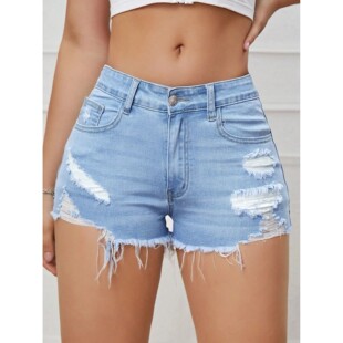 Raw Jean Hem Waist Shorts High 欧美风休闲浅色高腰毛边牛仔短裤