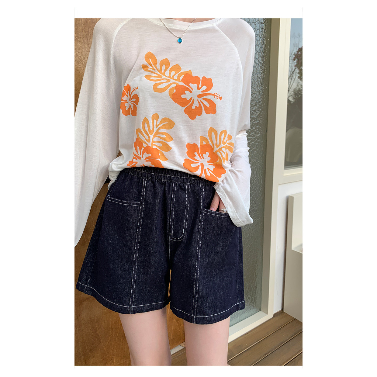 夏季薄款松紧牛仔短裤